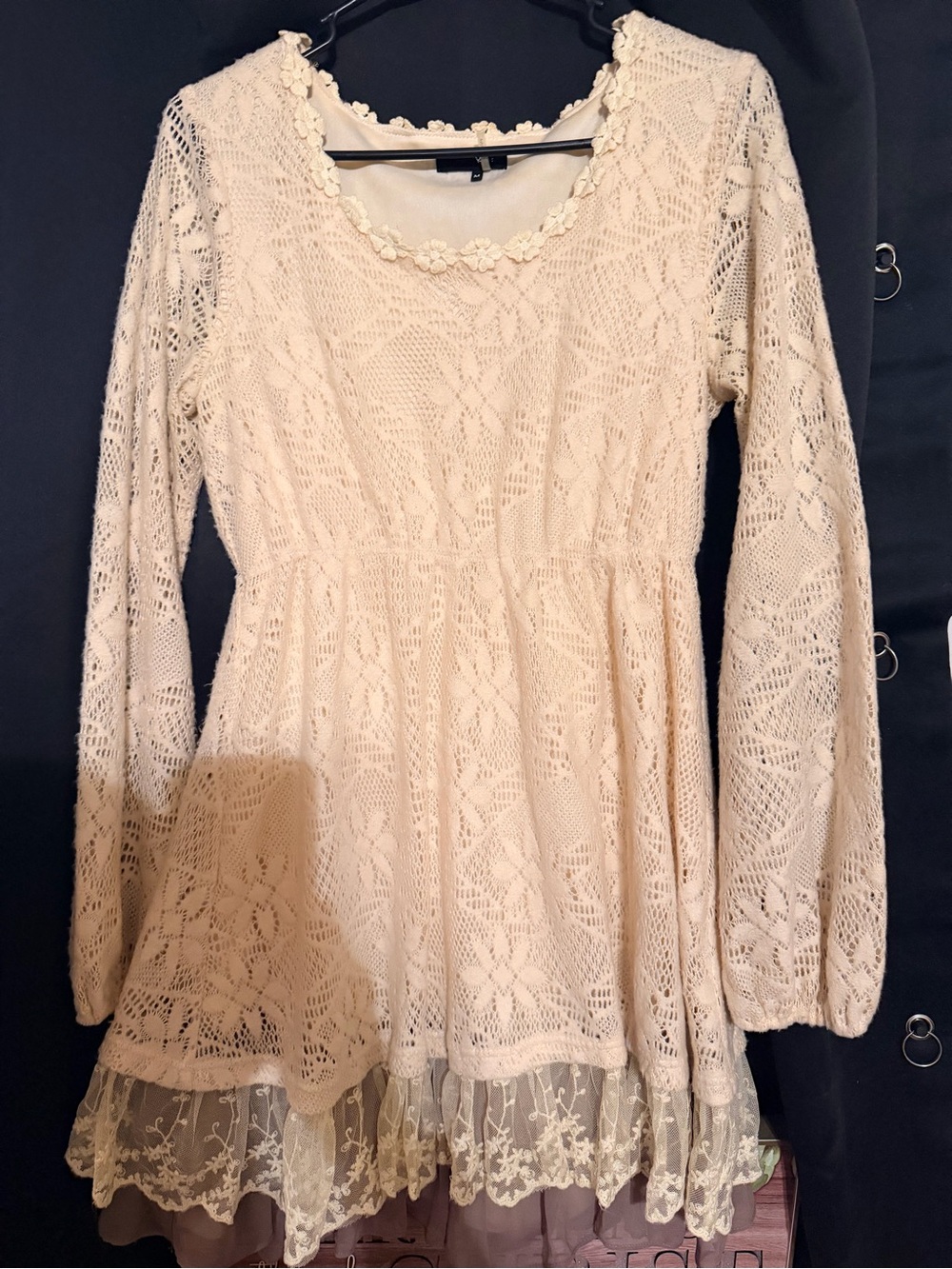 Women's Lace Long-Sleeve Cream Dress with Floral Trim